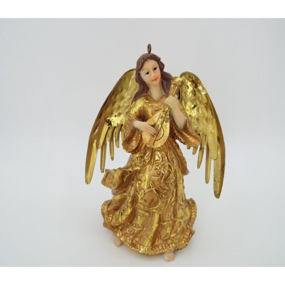 Vintage Gold Tone Angel 5" Ornament Figurine with Metal Wings